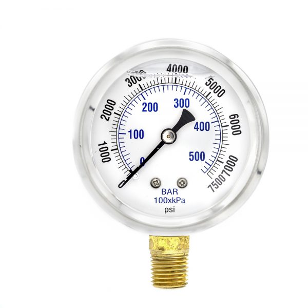 649164 304SS 2.5" 0-10,000 PSI/ 0-700 Bar Liquid Filled Pressure Gauge, 1/4 NPT Bottom Connection