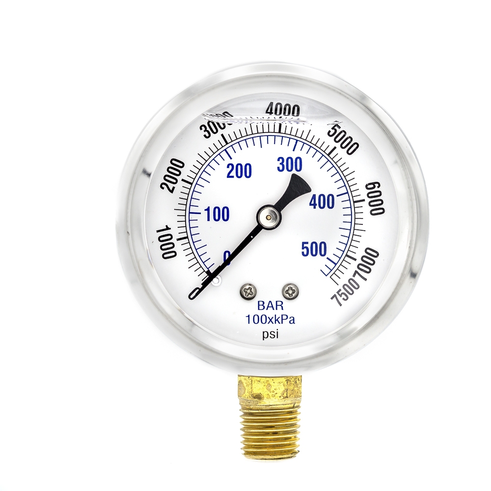 649164 304SS 2.5" 0-10,000 PSI/ 0-700 Bar Liquid Filled Pressure Gauge, 1/4 NPT Bottom Connection