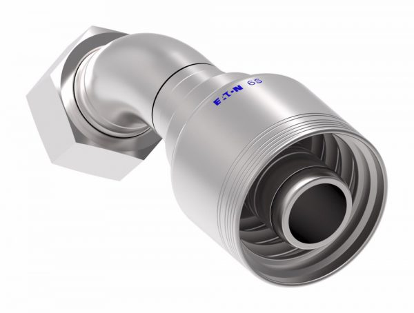6S Female ORS Swivel 45° Elbow (FRA) Crimp Fitting | -20 Female O-Ring Face Seal Swivel x -20 Hose Barb | Steel