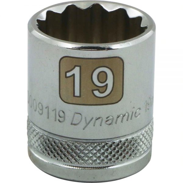 D009119 Dynamic Tools 3/8" Drive 12 Point Metric Socket with 19mm Standard Length, Chrome Finish