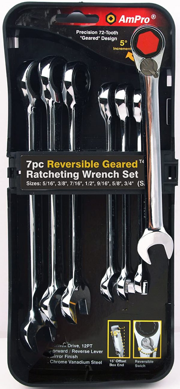 T41693 7PC REVERSIBLE GEARED RATCHETING WRENCH SET 5/16" - 3/4"