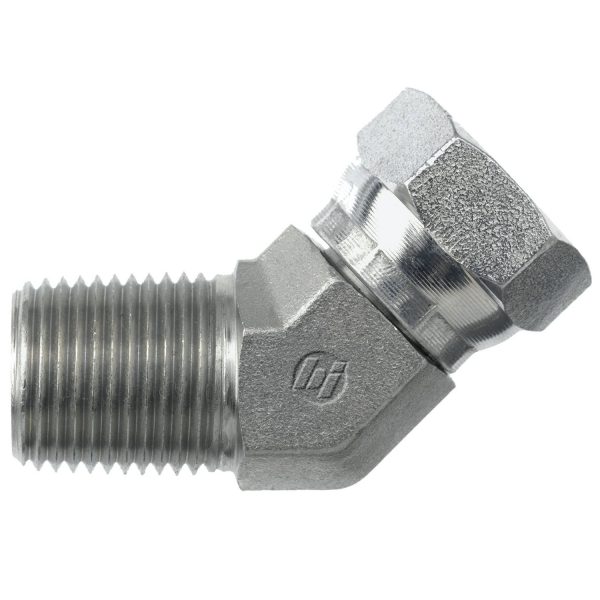 D1503-20-20 NPT Pipe Fitting -20 (1-1/4") Tapered Pipe (NPT) to -20 (1-1/4") Tapered Pipe (NPT) 45 Deg Swivel Adapter Fitting